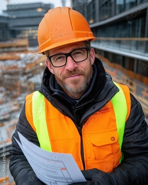 Fototapeta Structural engineer inspects steel framework and reviews construction plans at busy building site in winter