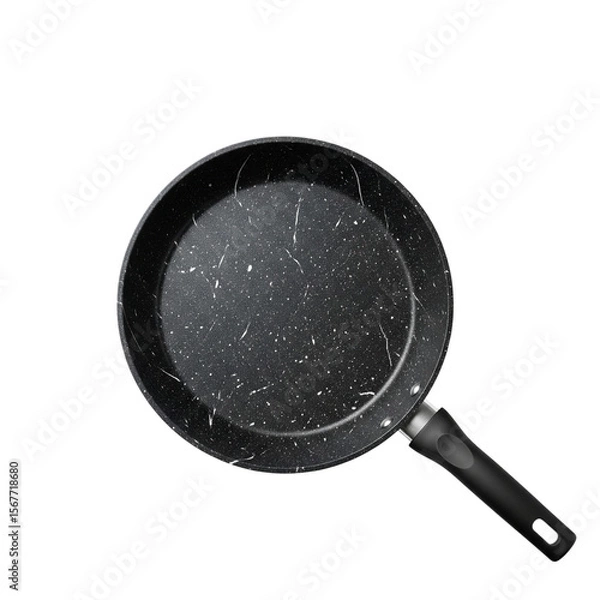 Fototapeta Black non-stick frying pan with marble coating, top view isolated on white background Generative Ai.