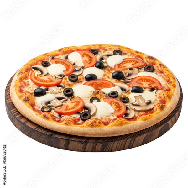 Fototapeta Whole Italian pizza with cheese, tomatoes, mushrooms, and olives on wooden board, isolated on white background Generative Ai.