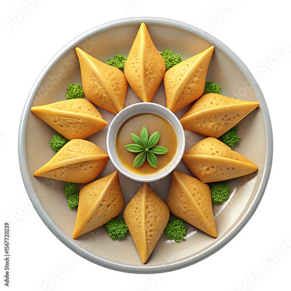 Fototapeta 3D Plate of Samosas with Sauce - Delicious Snack Concept on Transparent Background