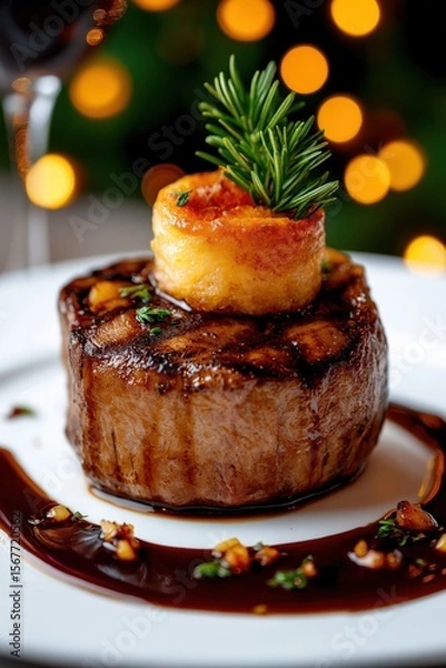 Fototapeta Elegant gourmet dish featuring tender steak with a rich sauce and refined garnishes in soft, luxurious lighting