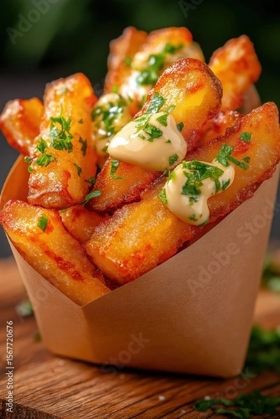 Fototapeta Golden crispy crinkle-cut fries served with creamy mayo on a rustic wooden table