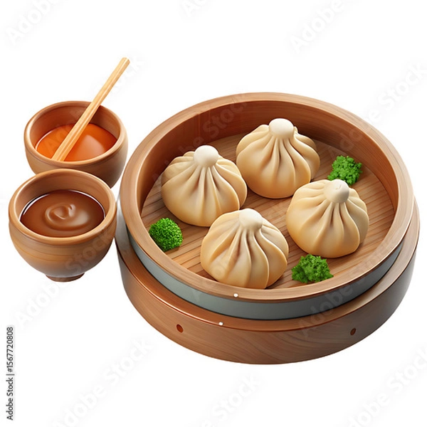 Obraz 3D Dumplings in Bamboo Steamer with Dipping Sauce and Wooden Chopsticks on Transparent Background