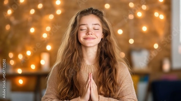 Fototapeta Mindful meditation in a soft-lit classroom enhances calm and relaxation for a young woman
