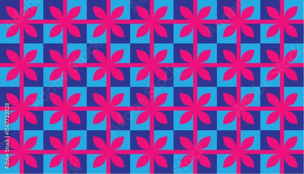 Fototapeta Seamless vibrant floral pattern with bold pink flowers over a deep blue and cyan geometric background