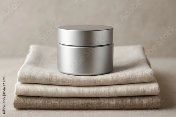 Fototapeta Silver Container on Linen: A sleek silver container rests elegantly on a stack of soft, neutral-toned linen fabric, creating a minimalist and sophisticated aesthetic.