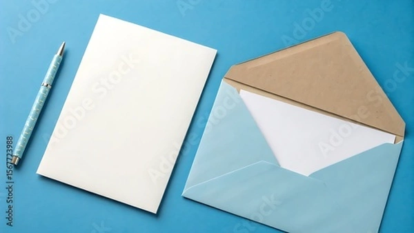 Obraz blue envelope with blank paper,envelope, letter, mail, paper, blank, post, message, communication, correspondence, open, card, business, postal, office, send, email, icon