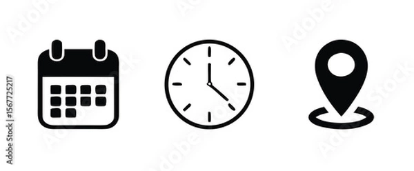 Fototapeta Calendar, clock and map symbol location icon set. Date, time, address for event, meeting, wedding, schedule, invitation card design element. transparent vector design. 