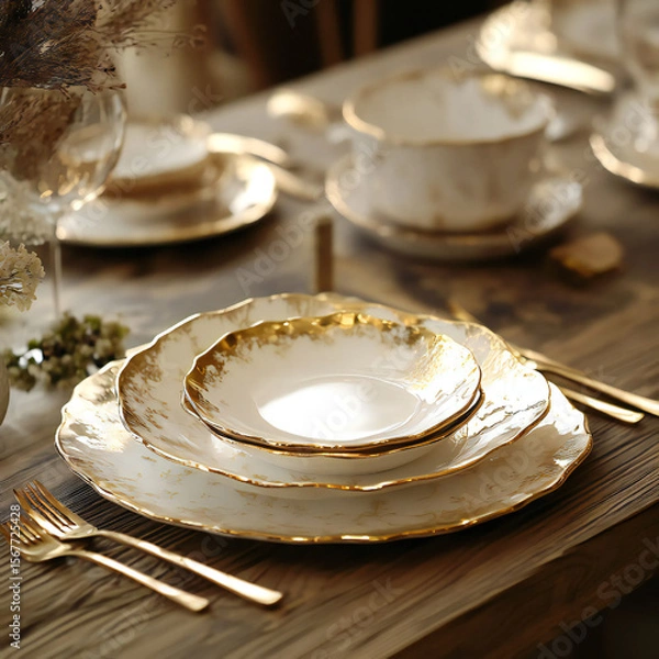 Obraz Porcelain gold luxury dinnerware set 