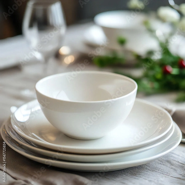 Obraz Porcelain white dinnerware set with decorations 