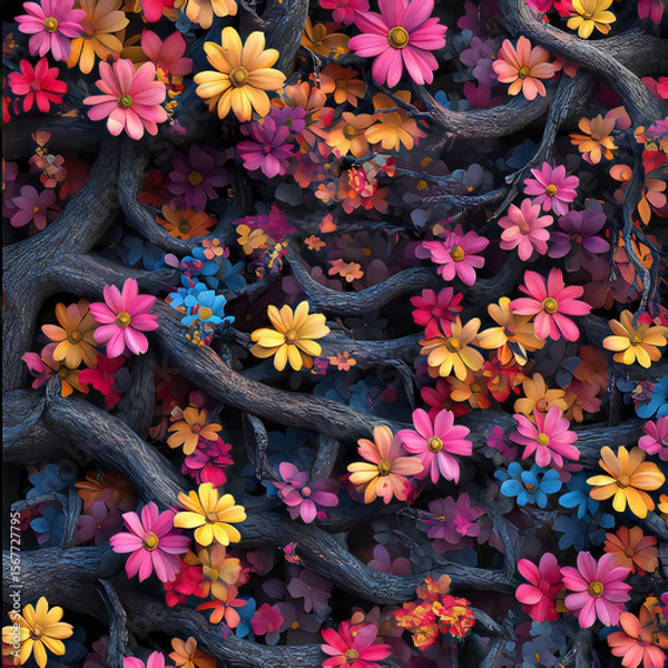 Obraz Colorful flowers on black background.
