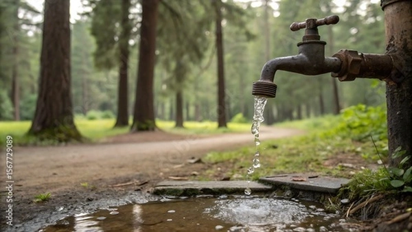Obraz Outdoor faucet dripping water against a natural backdrop,water, faucet, tap, drop, metal, wet, clean, sink, liquid, 