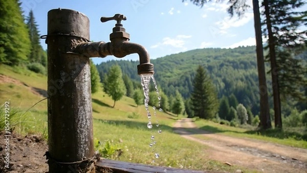 Obraz Outdoor faucet dripping water against a natural backdrop,water, faucet, tap, drop, metal, wet, clean, sink, liquid, 