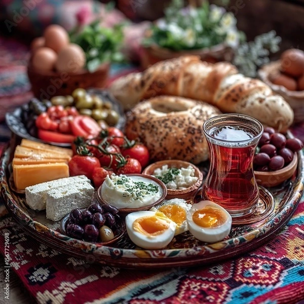Fototapeta Traditional Turkish breakfast with various delicious and fresh components.