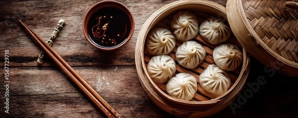 Fototapeta Steamed dumplings with soy sauce and chopsticks, a delicious asian meal.