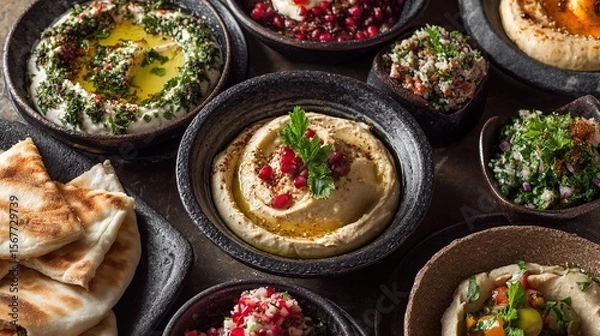 Fototapeta A vibrant assortment of Middle Eastern appetizers, including hummus and tabbouleh, displayed beautifully.