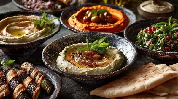 Fototapeta A vibrant and delicious spread of Middle Eastern appetizers, ready to be enjoyed.