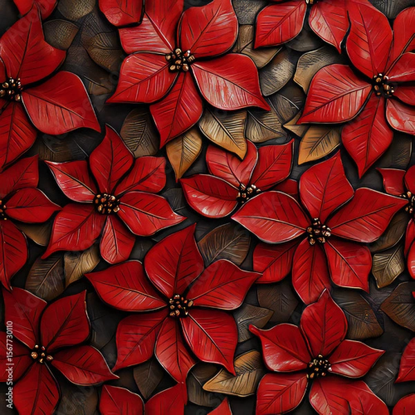 Obraz Seamless engraved leather Christmas poinsettia flowers pattern