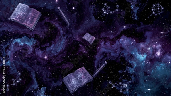 Fototapeta Halloween background featuring a purple galaxy with constellations and spooky objects. Suitable for festive designs, cards, invitations, and social media posts.