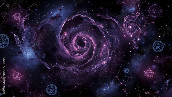 Fototapeta Halloween background featuring a purple galaxy with constellations and spooky objects. Suitable for festive designs, cards, invitations, and social media posts.