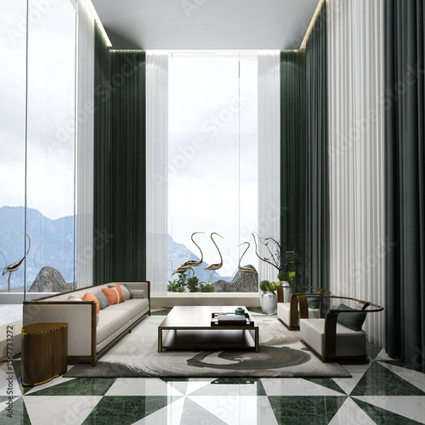 Fototapeta Modern home with high ceiling and luxury living room with cozy sofa decoration and side table and green curtian and mountain background. 3d render.
