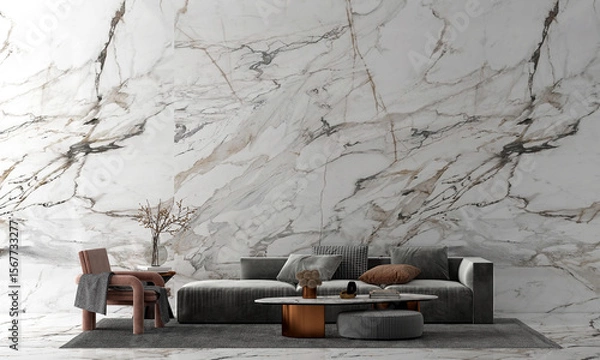 Fototapeta Modern home and luxury living room with cozy sofa decoration and side table and white marble wall background. 3d render.
