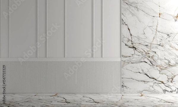 Fototapeta Modern home and empty living room with cozy sofa decoration and side table and white marble wall background. 3d render.
