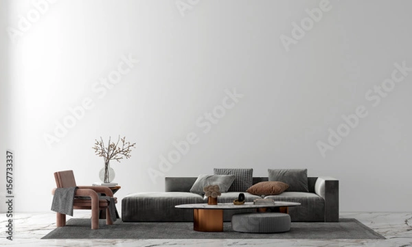 Fototapeta Modern home and luxury living room with cozy sofa decoration and side table and empty white pattern wall background. 3d render.
