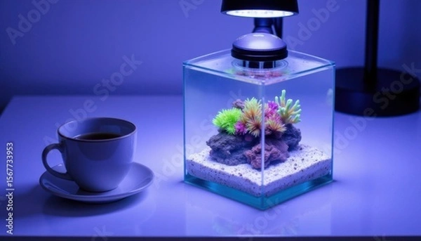 Fototapeta Elegant aquarium with colorful coral, decorative rocks, and a cup of coffee illuminated in a cozy atmosphere