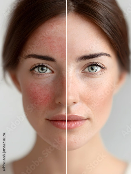 Fototapeta Half of the face displays redness while the other side shows a clear, smooth complexion and even skin tone