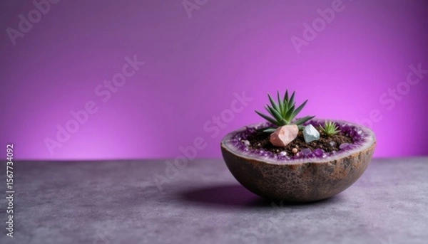 Fototapeta Unique succulent arrangement in a decorative bowl with amethyst crystals on a purple background