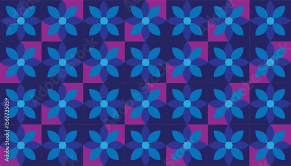 Fototapeta Seamless geometric floral pattern in shades of blue and purple, featuring six-petal stylized flowers arranged in a checkerboard tile layout