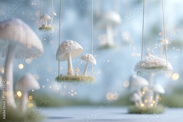 Fototapeta Hanging white mushrooms create a whimsical scene with soft lights and a dreamy atmosphere in a forest setting