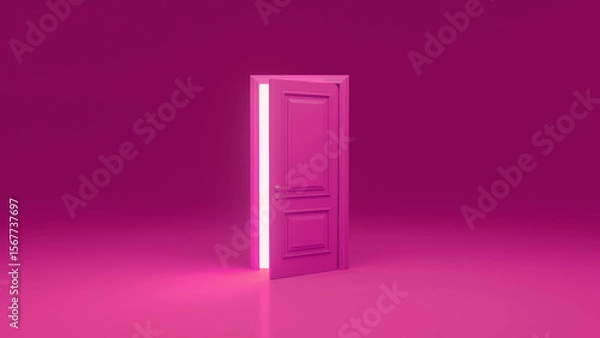 Fototapeta Slightly opened pink door radiating bright white light into an empty pink room, crafting a mysterious and surreal atmosphere filled with hints of opportunity and new beginnings