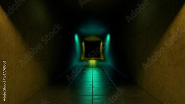 Fototapeta Green and yellow lights glowing in a dark corridor with concrete walls create a mysterious and intriguing atmosphere, evoking feelings of suspense and curiosity in an eerie setting
