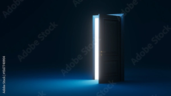 Fototapeta Dark room featuring a slightly open door, with bright light shining through, creating an atmosphere filled with mystery and hope, symbolizing opportunity and new beginnings