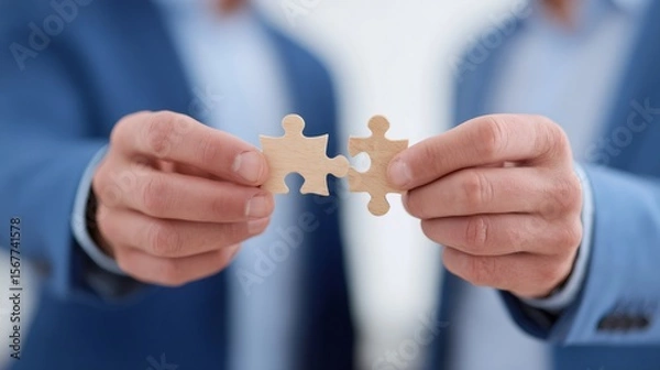 Fototapeta Business people connecting puzzle pieces, symbolizing partnership and teamwork
