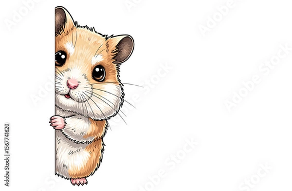 Fototapeta Cute cartoon hamster peaking out from the left side - isolated white background chibi illustration