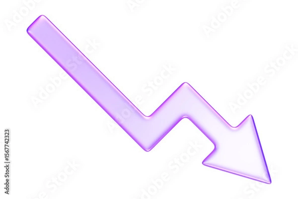 Obraz Purple glassmorphism downward arrow chart icon, representing business loss, market drop, or negative metrics, 3d rendering