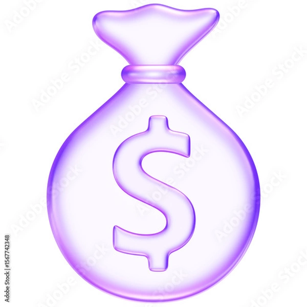 Obraz Purple glassmorphism money bag icon with dollar sign, representing savings, earnings, or financial security, 3d rendering
