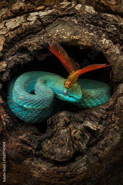Fototapeta Blue white lipped pit viper and a dragonfly