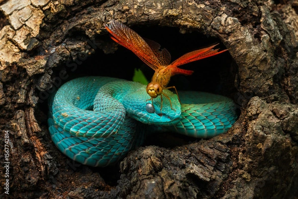 Fototapeta Blue white lipped pit viper and a dragonfly