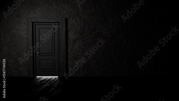 Fototapeta Mysterious closed black door with golden doorknob is slightly letting light come into a dark room, creating a concept of hope, new opportunities and mystery