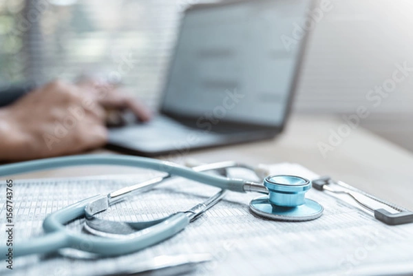 Fototapeta Health insurance concept. Healthcare and medical care. Life insurance policy. Medicine, Hospital, Stethoscope, Doctor. Patient business. Healthcare expense.