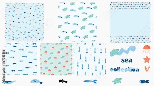 Fototapeta Seamless vector pattern set featuring playful sea animals—fish, turtles, jellyfish, and starfish—in soft blue and coral tones. Ideal for kids’ textiles, packaging, and decor