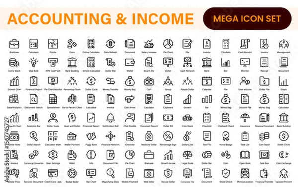 Fototapeta Set of line icons related to accounting, audit, and taxes. Outline icon collection. Business symbols.Income set. Containing money, tax, earnings, payment, paycheck, work, pension, and wages icons.