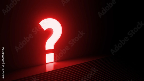Fototapeta Large, glowing red question mark stands in a dark room, illuminating the space with an eerie light, creating a mysterious and intriguing atmosphere