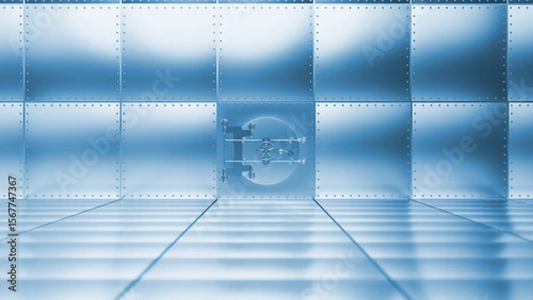 Fototapeta Large, open circular metal vault door positioned within a metal plated room, conveying a sense of access to secure storage or a hidden safe haven for valuables and treasures