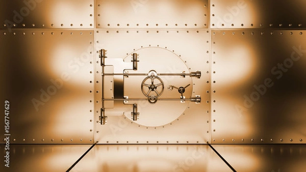 Fototapeta Round vault door with closing mechanism, ensuring the safety and security of valuable assets within a secure room, symbolizing impenetrable protection and financial security