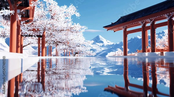 Fototapeta Traditional Oriental Temple Surrounded by Snow and Cherry Blossoms, Reflected on Calm Water with Majestic Mountains in the Background
